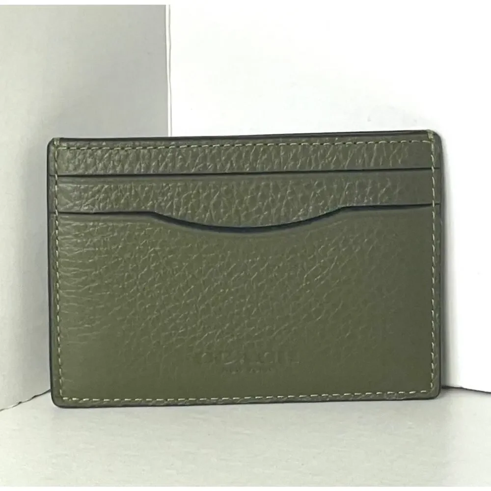 Coach Card Case Money Clip Olive Green Crossgrain Leather Mens CDC79